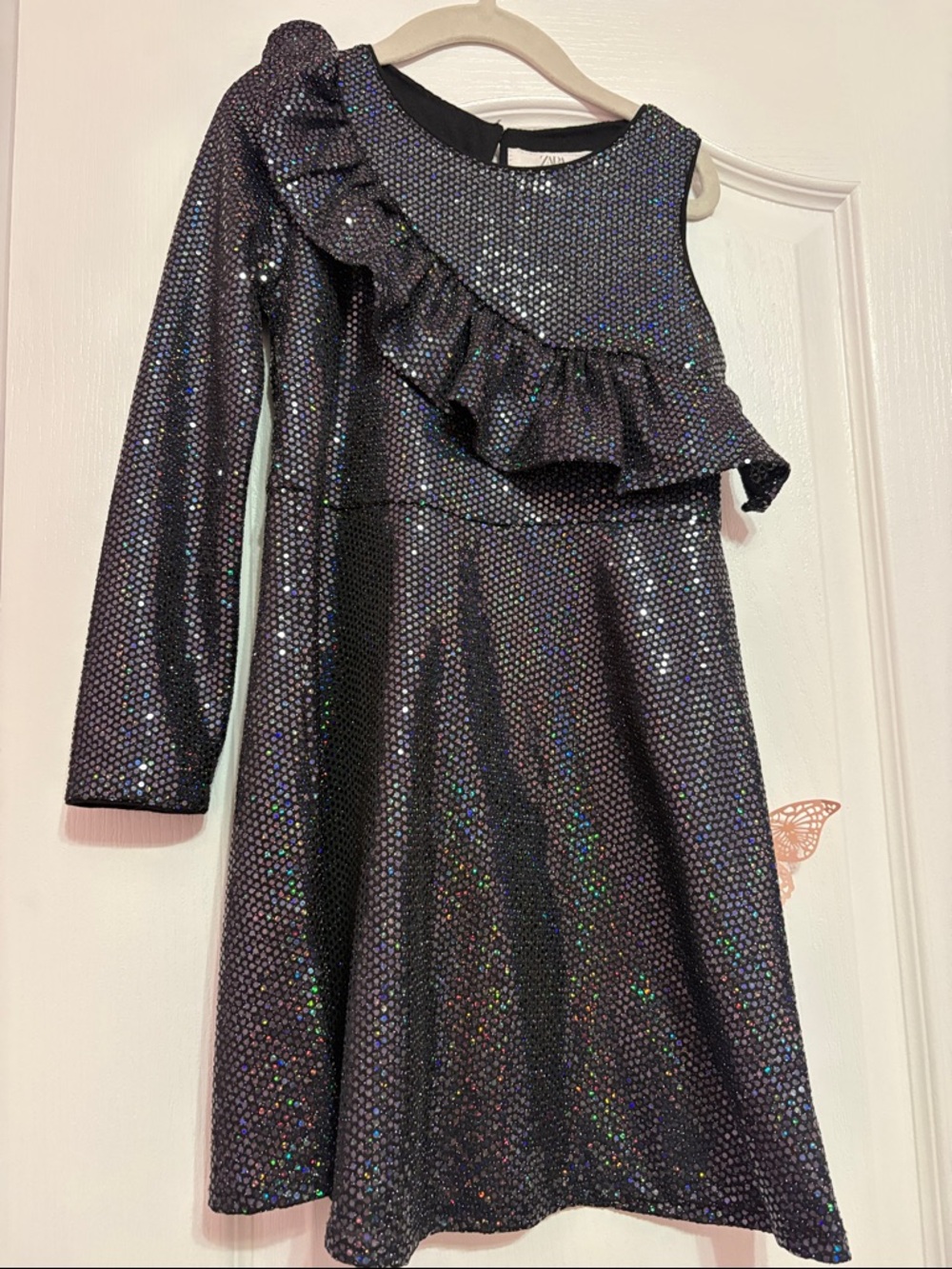 Zara Girls' Black Holographic Ruffle Holiday Dress